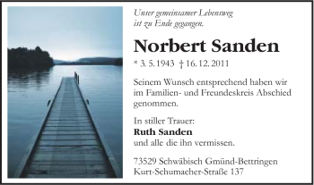 Traueranzeige von Norbert Sanden von Gmünder Tagespost