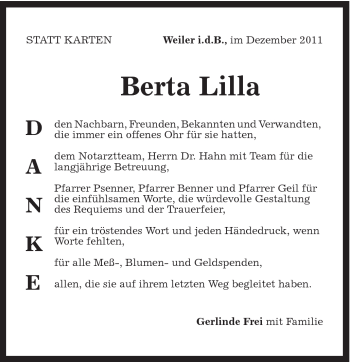 Traueranzeige von Berta Lilla von Gmünder Tagespost