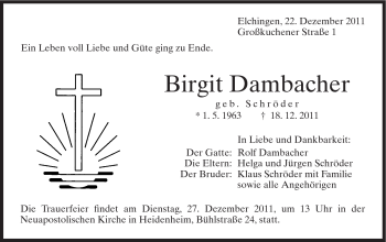 Traueranzeige von Birgit Dambacher von Schwäbische Post