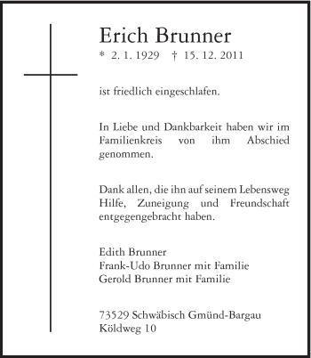Traueranzeige von Erich Brunner von Gmünder Tagespost