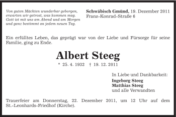Traueranzeige von Albert Steeg von Gmünder Tagespost