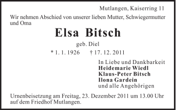 Traueranzeige von Elsa Bitsch von Gmünder Tagespost