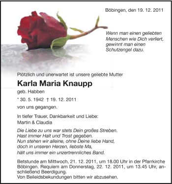 Traueranzeige von Karla Maria Knaupp von Gmünder Tagespost