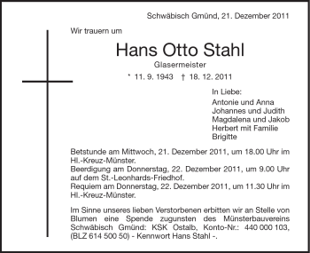Traueranzeige von Hans Otto Stahl von Gmünder Tagespost