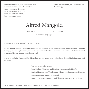 Traueranzeige von Alfred Mangold von Gmünder Tagespost