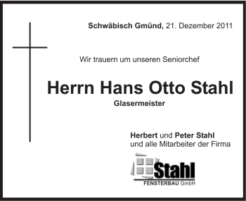 Traueranzeige von Hans Otto Stahl von Gmünder Tagespost