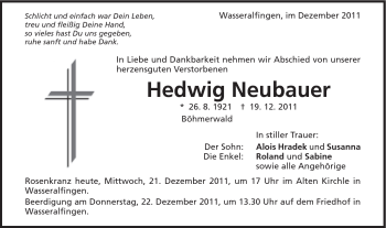 Traueranzeige von Hedwig Neubauer von Schwäbische Post