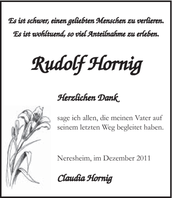 Traueranzeige von Rudolf Hornig von Schwäbische Post