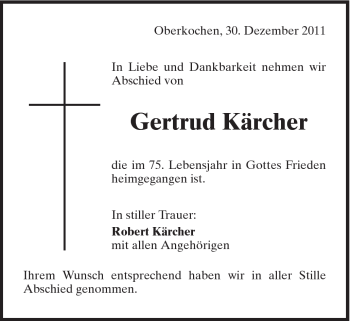 Traueranzeige von Gertrud Kärcher von Schwäbische Post