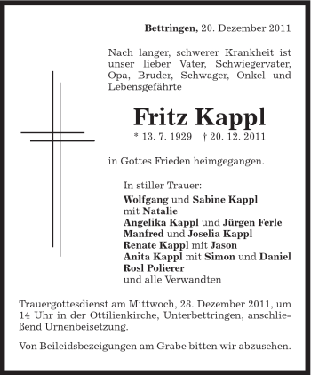 Traueranzeige von Fritz Kappl von Gmünder Tagespost