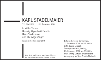 Traueranzeige von Karl Stadelmaier von Gmünder Tagespost