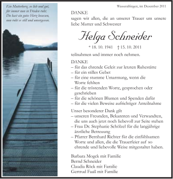 Traueranzeige von Helga Schneider von Schwäbische Post