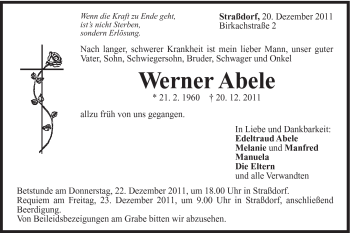 Traueranzeige von Werner Abele von Gmünder Tagespost