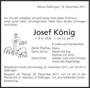 Traueranzeige von Josef König von Schwäbische Post