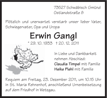 Traueranzeige von Erwin Gangl von Gmünder Tagespost