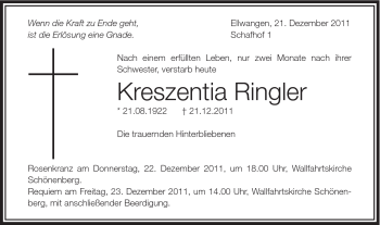 Traueranzeige von Kreszentia Ringler von Schwäbische Post