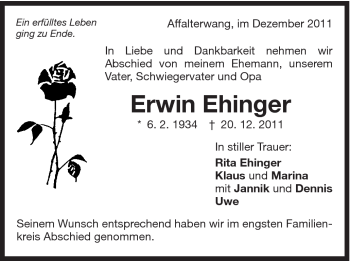 Traueranzeige von Erwin Ehinger von Schwäbische Post