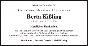 Traueranzeige von Berta Kißling von Gmünder Tagespost