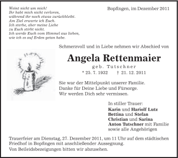 Traueranzeige von Angela Rettenmaier von Schwäbische Post