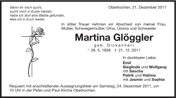 Traueranzeige von Martina Glöggler von Schwäbische Post