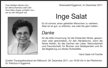 Traueranzeige von Inge Salat von Schwäbische Post