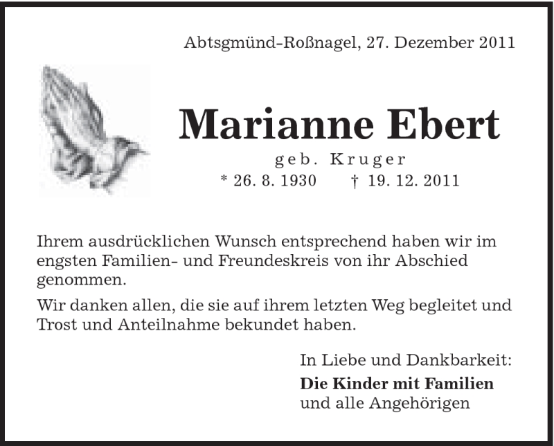  Traueranzeige für Marianne Ebert vom 27.12.2011 aus Schwäbische Post