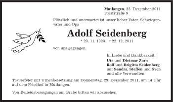 Traueranzeige von Adolf Seidenberg von Gmünder Tagespost