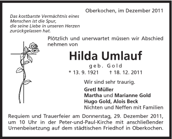 Traueranzeige von Umlauf Hilda von Schwäbische Post