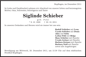 Traueranzeige von Siglinde Schieber von Schwäbische Post