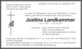 Traueranzeige von Justina Landkammer von Schwäbische Post