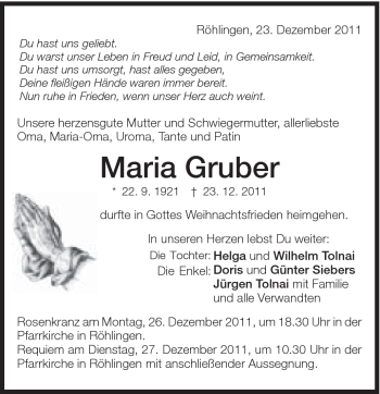 Traueranzeige von Maria Gruber von Schwäbische Post
