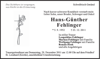 Traueranzeige von Hans-Günther Fehlinger von Gmünder Tagespost
