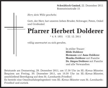 Traueranzeige von Herbert Dolderer von Gmünder Tagespost