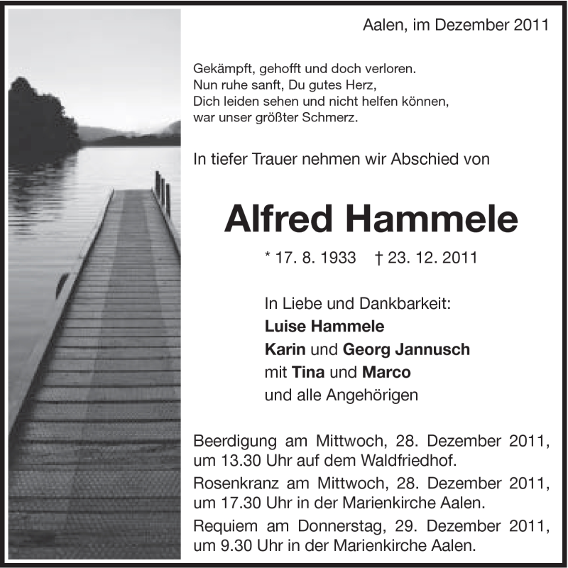  Traueranzeige für Alfred Hammele vom 24.12.2011 aus Schwäbische Post