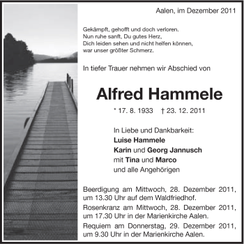 Traueranzeige von Alfred Hammele von Schwäbische Post