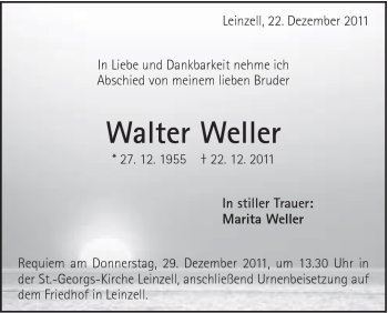 Traueranzeige von Walter Weller von Gmünder Tagespost