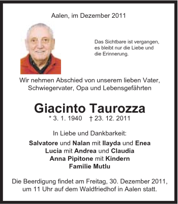 Traueranzeige von Giacinto Taurozza von Schwäbische Post