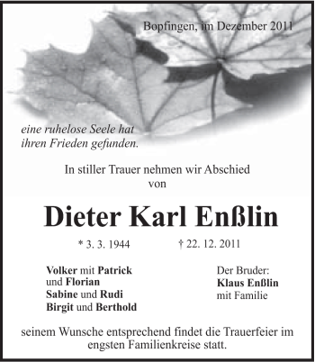 Traueranzeige von Dieter Karl Enßlin von Schwäbische Post