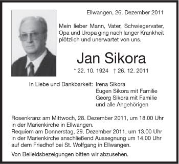Traueranzeige von Jan Sikora von Schwäbische Post