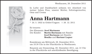 Traueranzeige von Anna Hartmann von Schwäbische Post