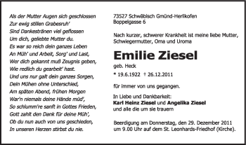 Traueranzeige von Emilie Ziesel von Gmünder Tagespost