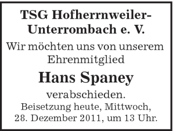 Traueranzeige von Hans Spaney von Schwäbische Post