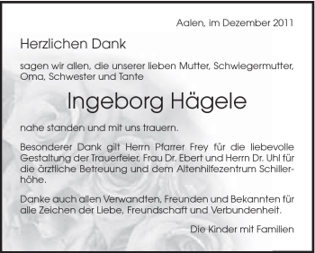 Traueranzeige von Ingeborg Hägele von Schwäbische Post