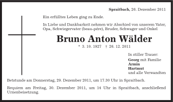 Traueranzeige von Bruno Wälder von Gmünder Tagespost