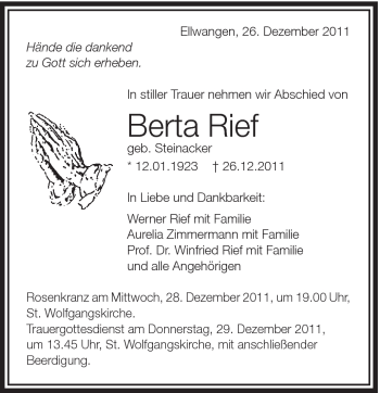 Traueranzeige von Berta Rief von Schwäbische Post