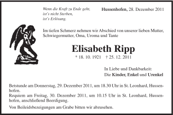 Traueranzeige von Elisabeth Ripp von Gmünder Tagespost