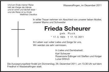 Traueranzeige von Frieda Scheurer von Schwäbische Post