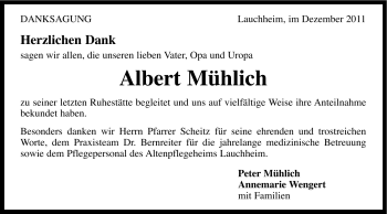 Traueranzeige von Albert Mühlich von Schwäbische Post