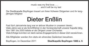 Traueranzeige von Dieter Enßlin von Schwäbische Post
