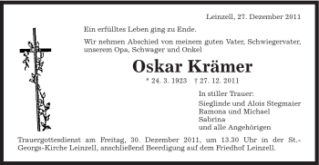 Traueranzeige von Oskar Krämer von Gmünder Tagespost